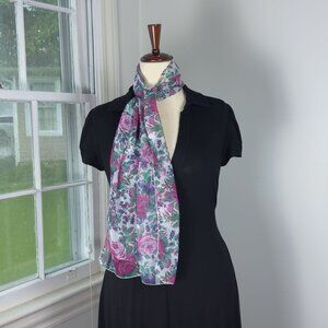 Floral Print White Sheer Scarf Pink Roses Grandmacore Cottagecore